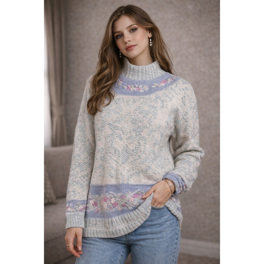 Cullinane Hand Knitted Floral Sweater Womens Large Ramie Cotton Mock Neck Blue